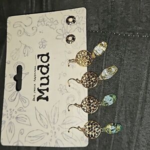 Mudd Women 3 Pack Pierced Gold Clear Blue Drop Flower Circle Stud Dangle Earring